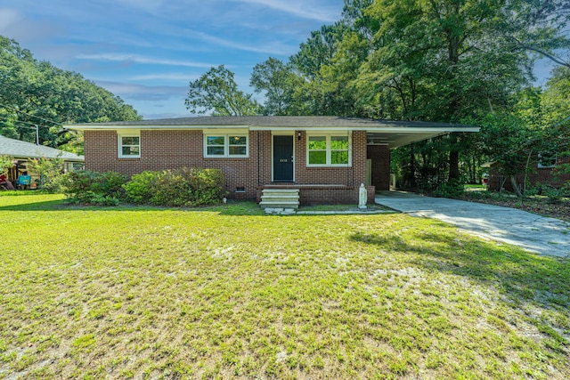 single story home with a front yard and a carport