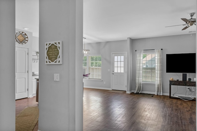 9923 Honeylocust Ln, Ladson, SC 29456 - foyer with ceiling fan, dark wood-style flooring, and baseboards