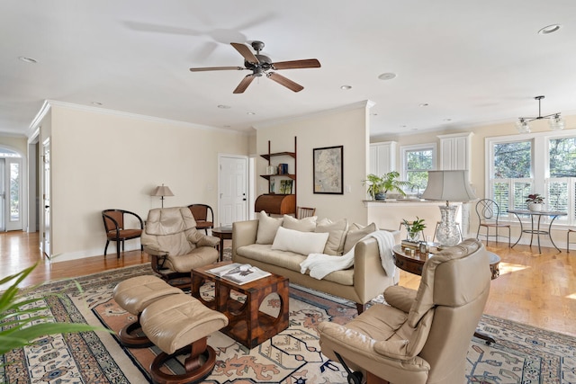 living room featuring recessed lighting, crown molding, light wood-style flooring, and baseboards