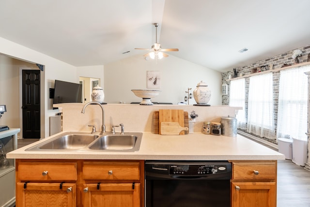 137 Salem Creek Dr, Goose Creek, SC 29445 - kitchen with dishwasher, ceiling fan, light countertops, lofted ceiling, and brown cabinets