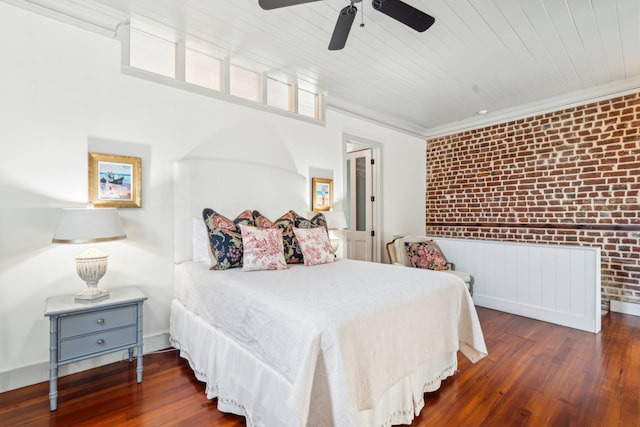 bedroom with ceiling fan, wooden ceiling, dark hardwood / wood-style floors, and ornamental molding