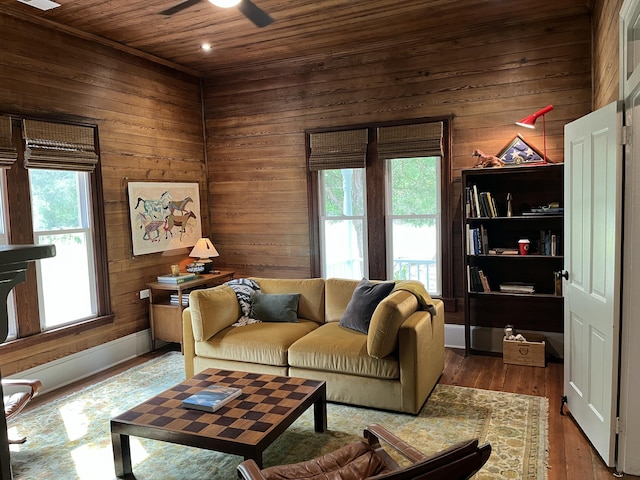 5924 Wagener Rd, Wagener, SC 29164 - living area with wooden walls, wood ceiling, a ceiling fan, and wood finished floors