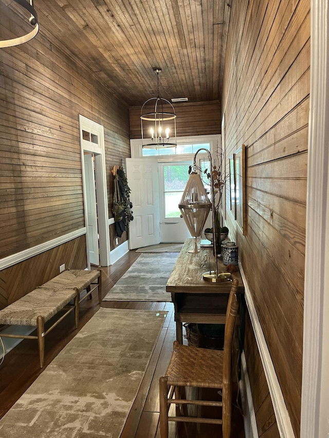 5924 Wagener Rd, Wagener, SC 29164 - mudroom featuring wood walls, a chandelier, wooden ceiling, and hardwood / wood-style flooring