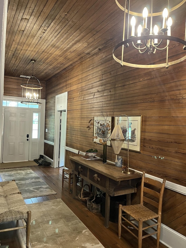 5924 Wagener Rd, Wagener, SC 29164 - dining room featuring a chandelier, wood walls, wood-type flooring, and wood ceiling