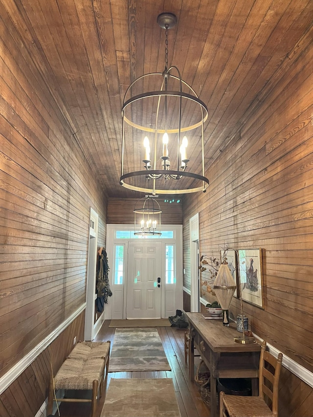 5924 Wagener Rd, Wagener, SC 29164 - entryway featuring a chandelier, wood walls, hardwood / wood-style flooring, and wooden ceiling
