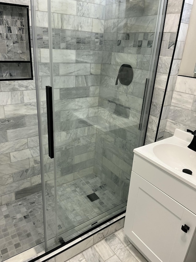 5924 Wagener Rd, Wagener, SC 29164 - bathroom featuring a stall shower, vanity, and marble finish flooring