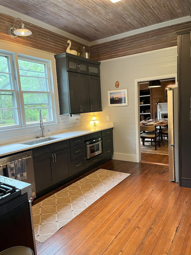 5924 Wagener Rd, Wagener, SC 29164 - kitchen featuring a sink, appliances with stainless steel finishes, wood ceiling, dark cabinets, and wood-type flooring