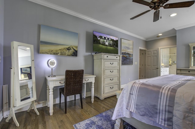 bedroom featuring baseboards, ornamental molding, wood finished floors, and recessed lighting