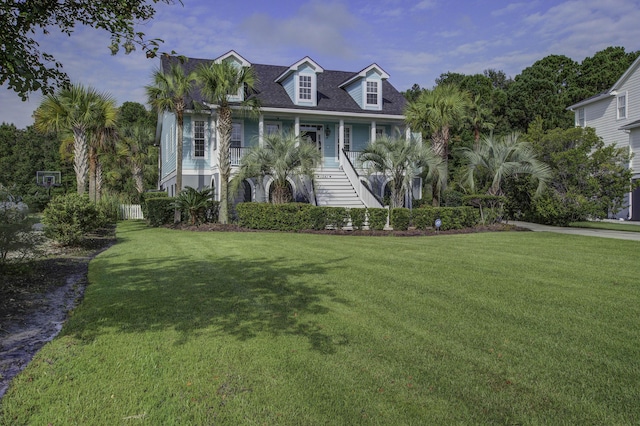 view of front of house with covered porch, stairway, and a yard