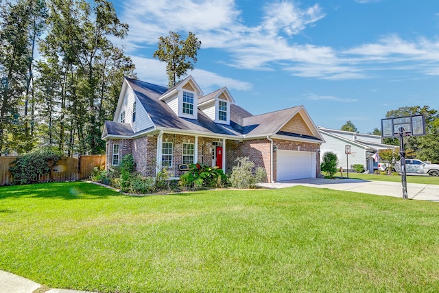 view of front of house featuring a front yard, a porch, and a garage