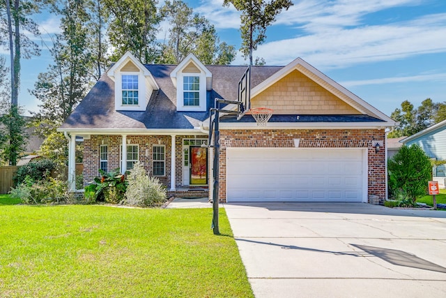 view of front of home with a garage, a porch, and a front lawn