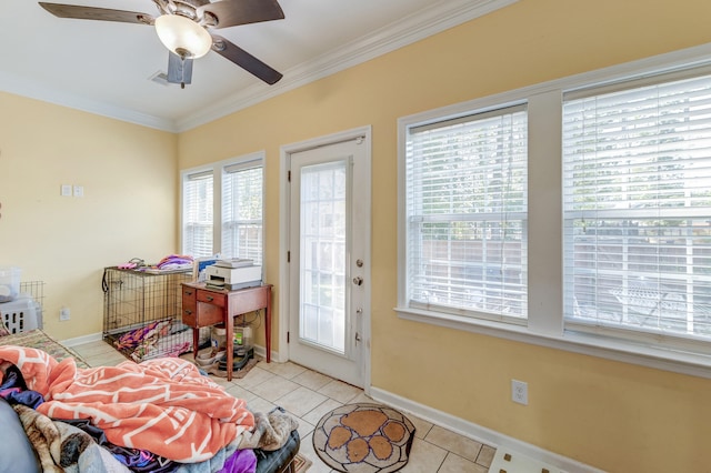 interior space with ceiling fan, access to outside, light tile patterned floors, and crown molding