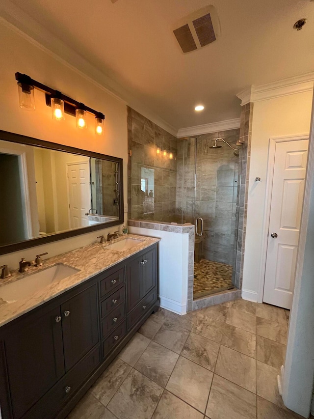 bathroom featuring vanity, walk in shower, and ornamental molding