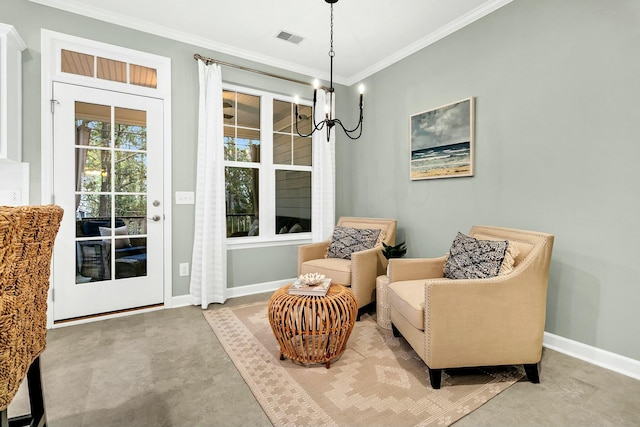 living area with ornamental molding and a notable chandelier