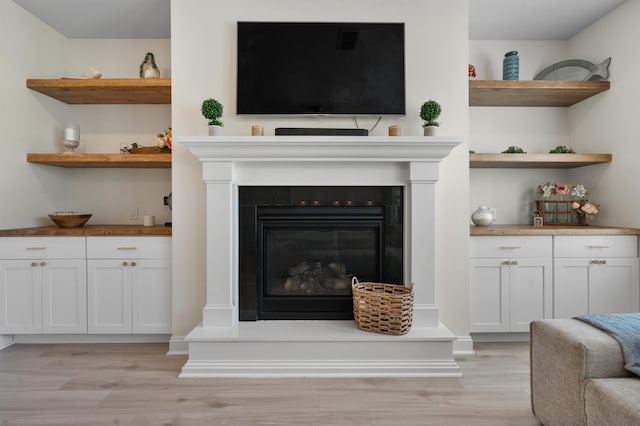 room details with a glass covered fireplace and wood finished floors