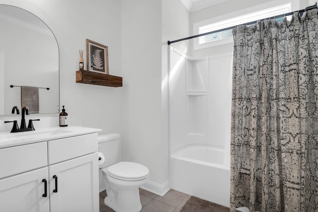 full bathroom featuring tile patterned floors, crown molding, toilet, vanity, and shower / tub combo