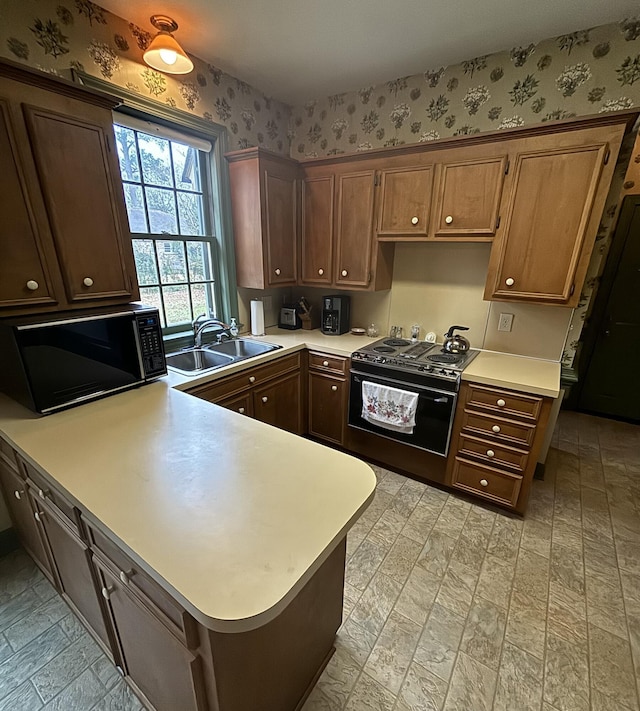 kitchen featuring kitchen peninsula, sink, and black appliances