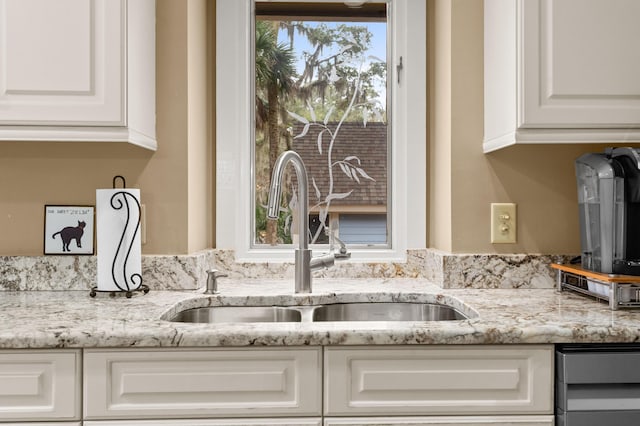 details with white cabinetry, sink, and light stone counters