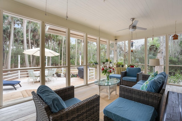 sunroom / solarium featuring ceiling fan and wooden ceiling