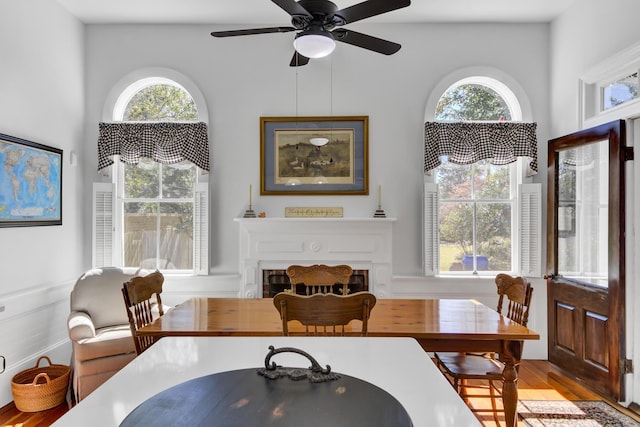 dining space with plenty of natural light, a ceiling fan, wood finished floors, and a fireplace