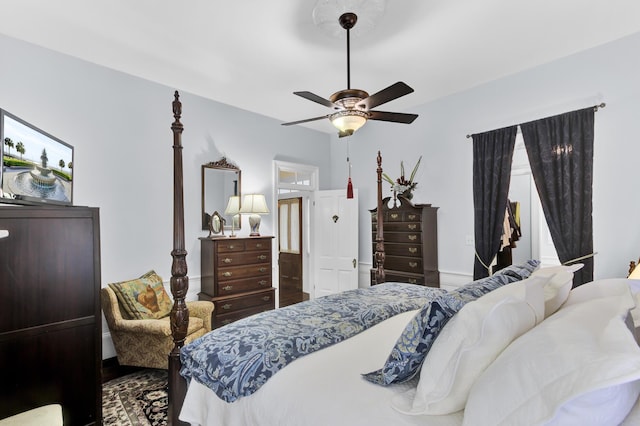 bedroom featuring ceiling fan and wood finished floors