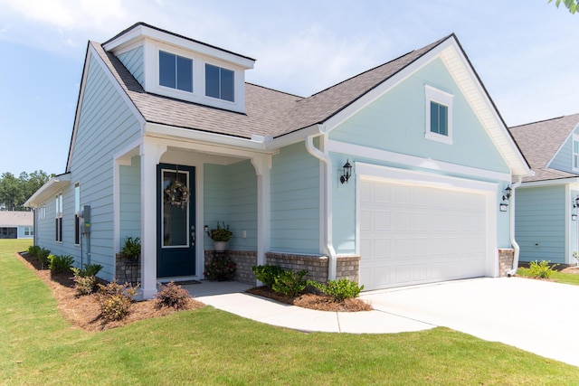754 Blue Iris Way, Summerville, SC 29486 - view of front of house with a garage, concrete driveway, a front yard, a shingled roof, and stone siding