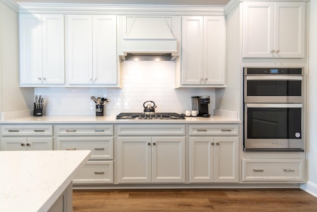 754 Blue Iris Way, Summerville, SC 29486 - kitchen featuring stainless steel appliances, custom exhaust hood, decorative backsplash, and wood finished floors