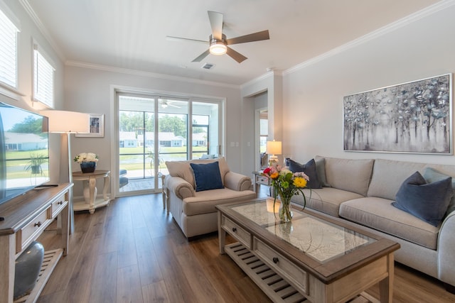 754 Blue Iris Way, Summerville, SC 29486 - living room featuring a ceiling fan, dark wood-type flooring, healthy amount of natural light, and crown molding