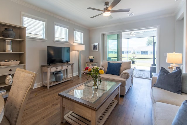 754 Blue Iris Way, Summerville, SC 29486 - living area featuring ceiling fan, plenty of natural light, ornamental molding, and dark wood-style floors