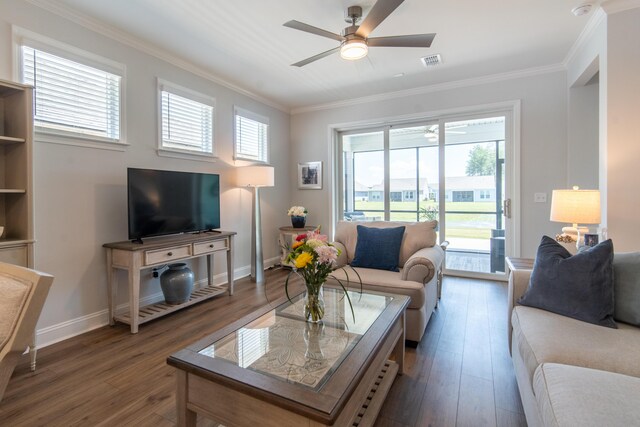 754 Blue Iris Way, Summerville, SC 29486 - living area featuring ceiling fan, wood finished floors, and ornamental molding