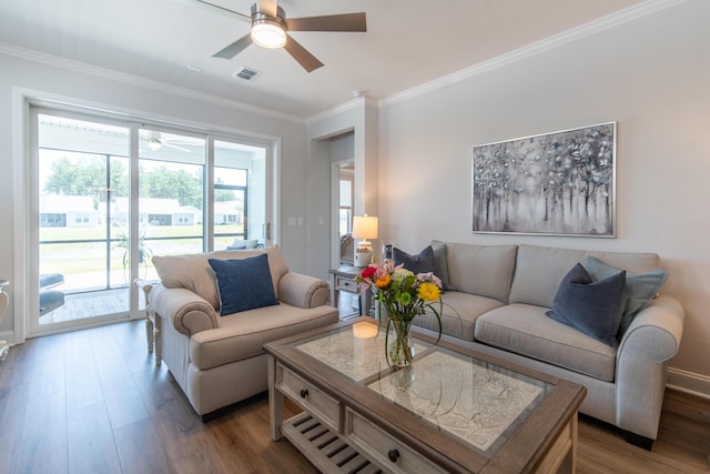 754 Blue Iris Way, Summerville, SC 29486 - living room featuring ceiling fan, crown molding, and wood finished floors