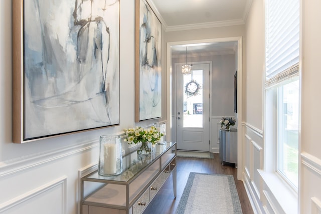 754 Blue Iris Way, Summerville, SC 29486 - entrance foyer with healthy amount of natural light, dark wood-type flooring, crown molding, a decorative wall, and wainscoting