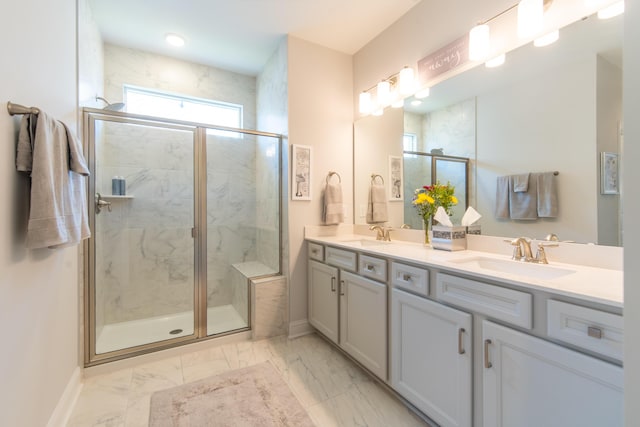 754 Blue Iris Way, Summerville, SC 29486 - bathroom with double vanity, marble look tiles, and a marble finish shower