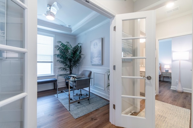 754 Blue Iris Way, Summerville, SC 29486 - office space featuring crown molding, wood finished floors, ceiling fan, and french doors