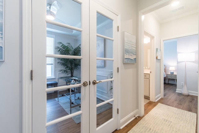 754 Blue Iris Way, Summerville, SC 29486 - corridor with a desk, ornamental molding, wood finished floors, and french doors