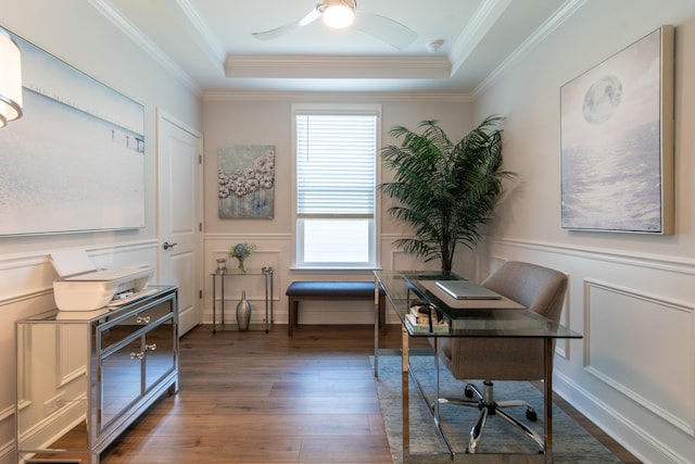 754 Blue Iris Way, Summerville, SC 29486 - home office with a decorative wall, wood-type flooring, a tray ceiling, ornamental molding, and a ceiling fan