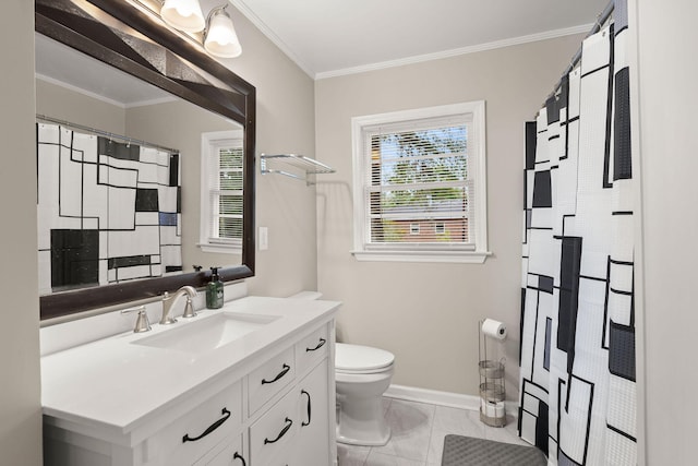 bathroom featuring ornamental molding, toilet, tile patterned flooring, and vanity