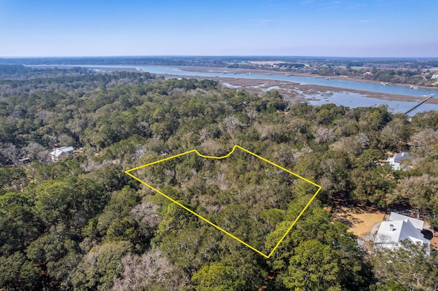 aerial view with a water view and a forest view