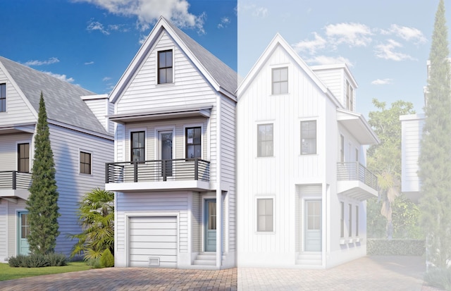 16 Nats Ct, Charleston, SC 29403 - view of front of house featuring a balcony, a garage, decorative driveway, and board and batten siding
