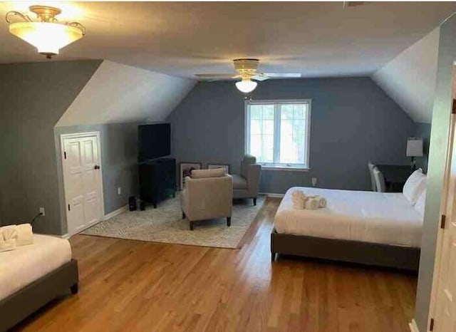 104 Legend Oaks Way, Summerville, SC 29485 - bedroom with lofted ceiling, baseboards, a ceiling fan, and wood finished floors