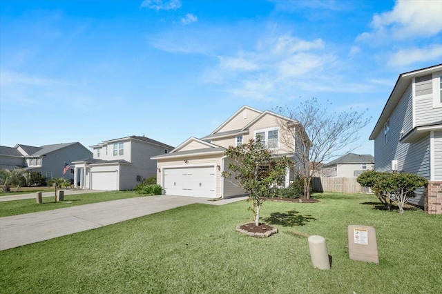 traditional-style home featuring concrete driveway, fence, and a front yard