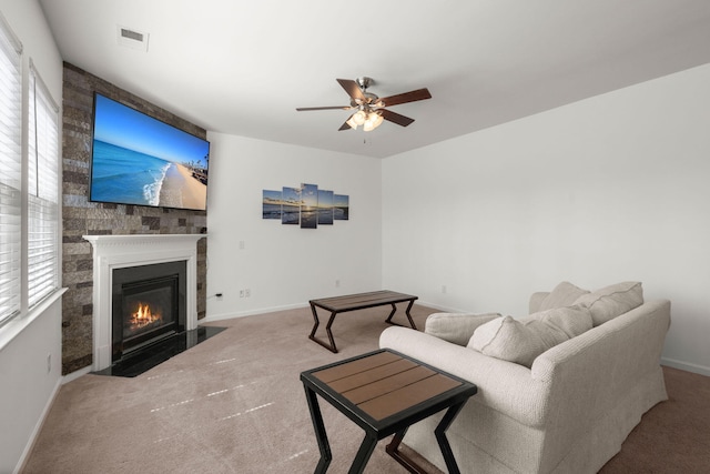 686 Redbud Ln, Summerville, SC 29486 - living room with a fireplace with flush hearth, carpet flooring, ceiling fan, and baseboards