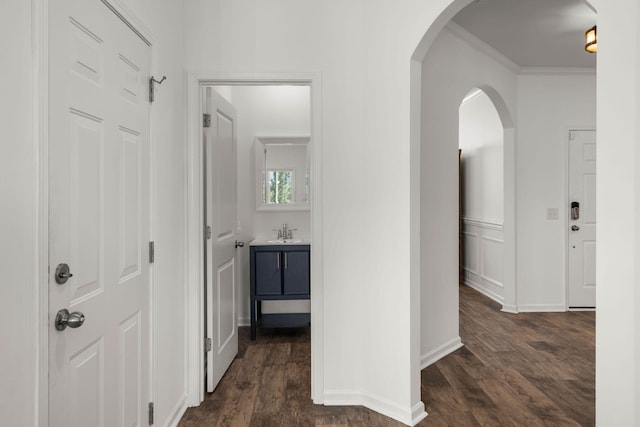 686 Redbud Ln, Summerville, SC 29486 - corridor featuring crown molding, arched walkways, a sink, and dark wood-style flooring