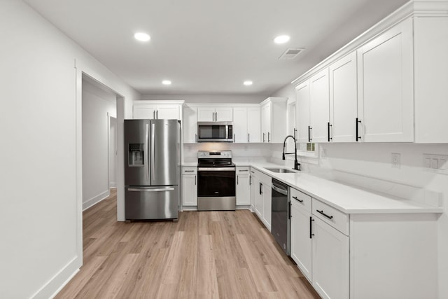 kitchen featuring appliances with stainless steel finishes, light wood-type flooring, white cabinetry, and sink