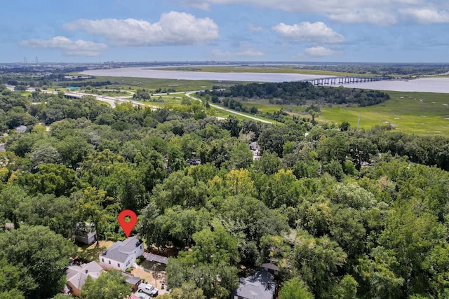 birds eye view of property with a view of trees and a water view