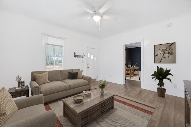 living room with crown molding, hardwood / wood-style floors, and ceiling fan