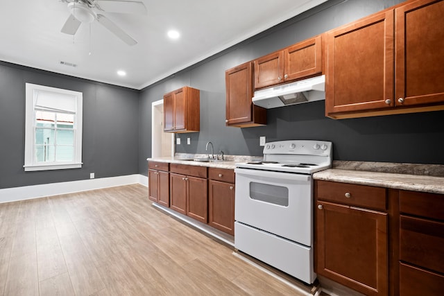 kitchen featuring ceiling fan, sink, light hardwood / wood-style flooring, and white range with electric stovetop