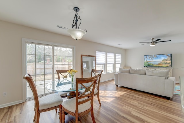 dining space featuring ceiling fan, light wood-style flooring, visible vents, and baseboards