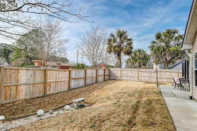 view of yard featuring a patio area and a fenced backyard