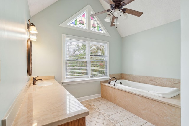 full bath with lofted ceiling, tile patterned floors, a textured ceiling, vanity, and a bath